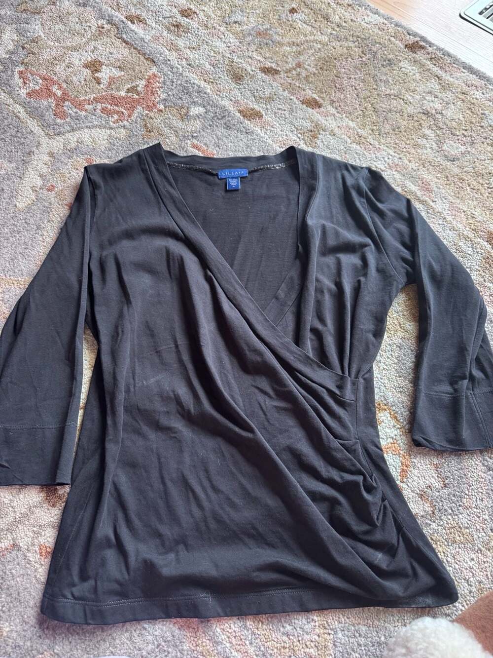 Lilla P Women's 100% Pima Cotton Faux Wrap 3/4 Sleeve Top